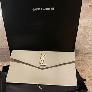Saint Laurent Ivory Envelope Clutch with Gold Emblem